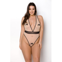 Боди Passion VIENA BODY 6XL/7XL, beige, контрастное, бантики, вставка-сетка, открытые ягодицы