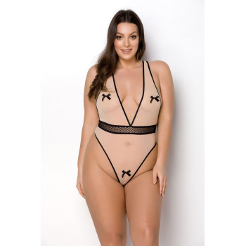 Боди Passion VIENA BODY 6XL/7XL, beige, контрастное, бантики, вставка-сетка, открытые ягодицы