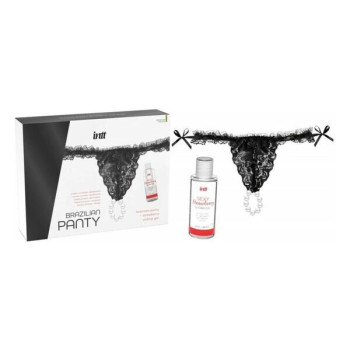 Набор Intt BRAZILIAN PANTY BLACK: трусики на резинке S-XL с жемчужным кольцом + клубничная смазка