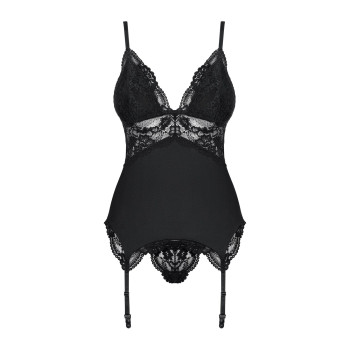 Сатиновий мереживний корсет Obsessive 810-COR-1 babydoll & thong S/M, чорний, корсет, танга