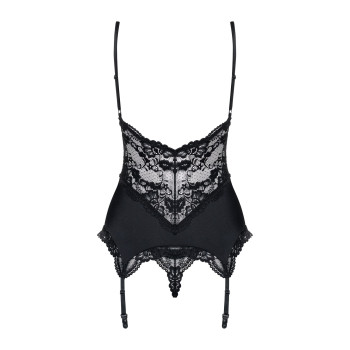 Сатиновий мереживний корсет Obsessive 810-COR-1 babydoll & thong S/M, чорний, корсет, танга