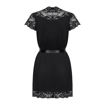 Сатиновий відкритий пеньюар на поясі Obsessive 810-PEI–1 peignoir black 2XL/3XL, чорний