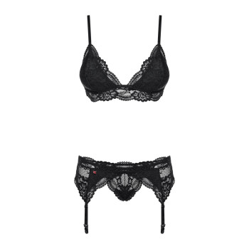 Кружевной комплект белья Obsessive 810-SEG-1 S/M Black, бюстгальтер, стринги, пояс для чулок