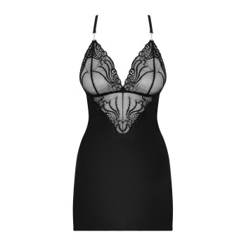 Сатиновый комплект для сна с кружевом Obsessive 828-CHE-1 chemise & thong L/XL, черный, сорочка