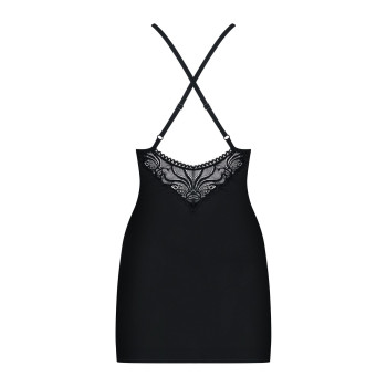 Сатиновый комплект для сна с кружевом Obsessive 828-CHE-1 chemise & thong L/XL, черный, сорочка