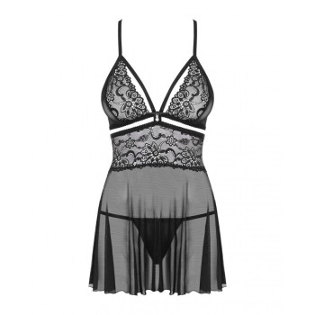 Еротичний мереживний комплект із сіточкою Obsessive 838-BAB-1 babydoll & thong black L/XL, чорний, п