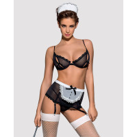 Еротичний костюм покоївки Obsessive Maidme set 5pcs S/M, бюстгальтер, пояс з фартухом, панчохи