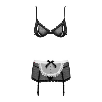 Эротический костюм горничной Obsessive Maidme set 5pcs S/M, бюстгальтер, пояс с фартуком, чулки