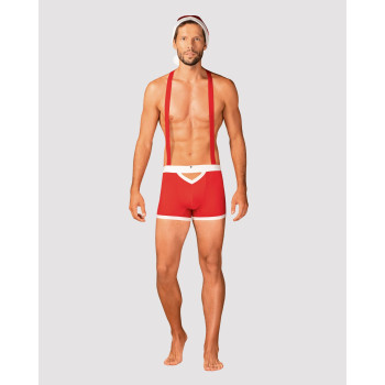 Чоловічий еротичний костюм Санта-Клауса Obsessive Mr Claus 2XL/3XL, боксери на підтяжках, шапочка з