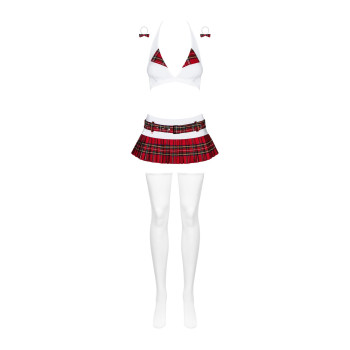 Эротический костюм школьницы с мини-юбкой Obsessive Schooly 5pcs costume L/XL, бело-красный, топ, юб