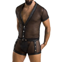 Комплект сетчатого мужского белья Passion 052 SET MICHAEL XXL/XXXL black, рубашка, боксеры, заклепки