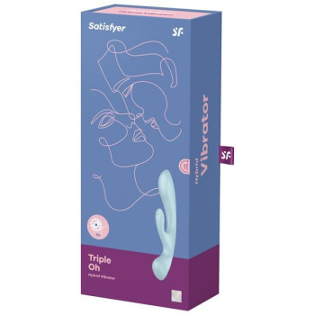Двосторонній вібратор-кролик Satisfyer Triple Oh Light Blue, 3 мотори, руків’я-масажер
