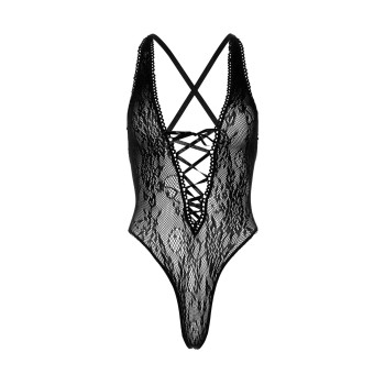 Мереживне боді Leg Avenue Floral lace thong teddy Black, шнурівка на грудях, one size