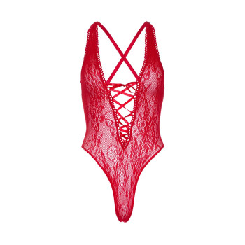 Кружевное боди Leg Avenue Floral lace thong teddy Red, шнуровка на груди, one size