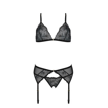 Комплект з відкритим доступом Passion DELIENA SET S/M black, ліф, стрінги, пояс для панчіх