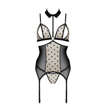 Корсет з відкритими грудьми Passion DOMINICA CORSET L/XL beige, пажі для панчіх, стрінги