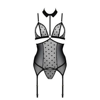 Корсет з відкритими грудьми Passion DOMINICA CORSET L/XL black, пажі для панчіх, стрінги