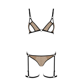 Еротичний комплект спідньої білизни Passion GABI SET L/XL beige, трусики з гартерами