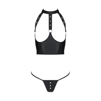 Комплект білизни з відкритими грудьми Passion GENEVIA SET WITH OPEN BRA L/XL black, корсет, стрінги