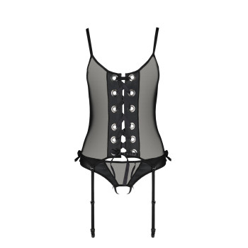 Корсет со шнуровкой Passion NESSY CORSET XXL/XXXL black, стринги с открытым доступом, пажи для чулок
