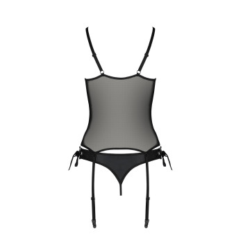 Корсет со шнуровкой Passion NESSY CORSET XXL/XXXL black, стринги с открытым доступом, пажи для чулок