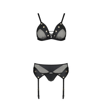 Комплект белья Passion NESSY SET XXL/XXXL black, бюстгальтер, пояс для чулок, стринги