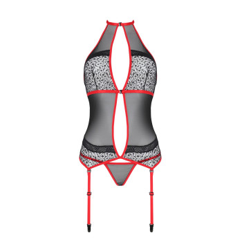 Корсет с пажами Passion SATARA CORSET S/M red, стринги, кружево, застежки спереди и сзади