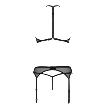 Комплект білизни Passion SATARA SET L/XL black, топ, пояс для панчіх, стрінги