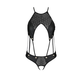 Боді з відкритим доступом Passion TASMINA BODY L/XL black, екошкіра, шнурівки, ажурні мережива