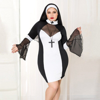 Эротический костюм монашки JSY «Грешница Лола» Plus Size Black, платье, крест, апостольник