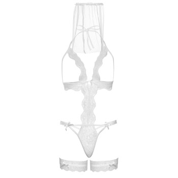 Костюм нареченої Leg Avenue G-string teddy, veil & garter One size White, з відкритими грудьми