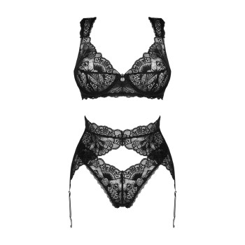 Комплект білизни Obsessive Donna Dream 3-pcs set M/L Black, бюстгальтер, стрінги, пояс для панчіх