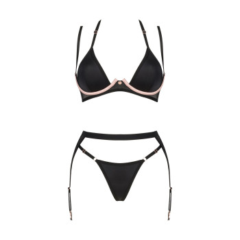 Комплект белья Obsessive Selinne 3-pcs set XS/S Black, бюстгальтер, стринги пояс для чулок