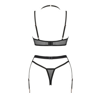 Комплект белья Obsessive Selinne 3-pcs set XL/2XL Black, бюстгальтер, стринги пояс для чулок