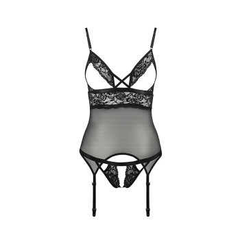 Корсет с открытой грудью Passion DIABOLINA CORSET XXL/XXXL, black, пажи, трусики, полупрозрачный