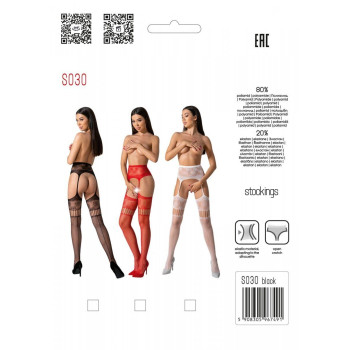 Еротичні колготки-бодістокінг з плетінням на стегнах Passion S030 One Size, black, квітковий візерун