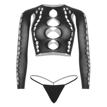 Комплект безшовної білизни Leg Avenue Long sleeve crop top & string Black, One Size, топ, стрінги