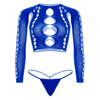 Комплект бесшовного белья Leg Avenue Long sleeve crop top & string Royal Blue One Size, топ, стринги