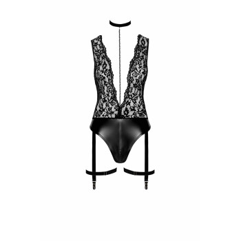 Боді Noir Handmade F297 Libido, XL, чорне, мереживо, низ під латекс, відкритий доступ, гартери