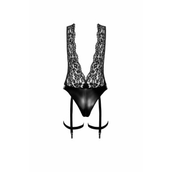 Боді Noir Handmade F297 Libido, XL, чорне, мереживо, низ під латекс, відкритий доступ, гартери