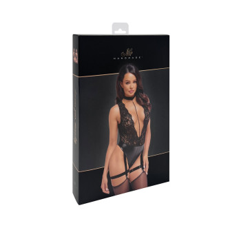 Боді Noir Handmade F297 Libido, XL, чорне, мереживо, низ під латекс, відкритий доступ, гартери