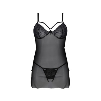 Пеньюар Passion DROSERA CHEMISE black, XXL/XXXL, кружевной лиф со стрепами, трусики в комплекте