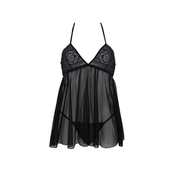 Пеньюар Passion KERRIA CHEMISE black, XXL/XXXL, кружевной верх, трусики в комплекте