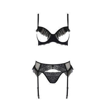 Комплект Passion KERRIA SET WITH OPEN BRA black, XXL/XXXL, бюстгальтер з відкритою чашкою, стрінги, пояс для панчіх