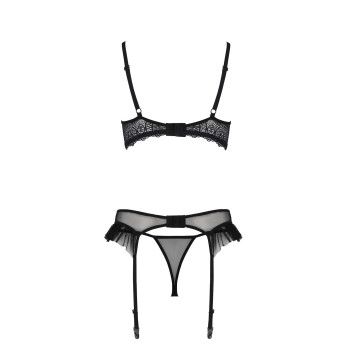 Комплект Passion KERRIA SET WITH OPEN BRA black, XXL/XXXL, бюстгальтер з відкритою чашкою, стрінги, пояс для панчіх