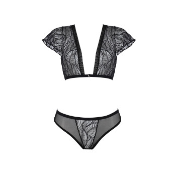 Комплект Passion LEAFA BIKINI black S/M, бюстгальтер-топ з рукавчиками, стрінги-шортики з вирізом