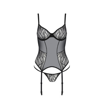 Корсет Passion LEAFA CORSET black L/XL, м'які чашки, затискачі для панчіх, стрінги в комплекті