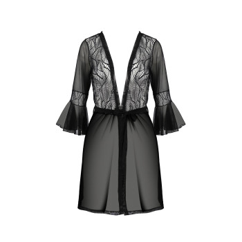 Пеньюар Passion LEAFA PEIGNOIR black, L/XL, довжина трохи вище коліна, широкі рукави, зав'язується на пояс