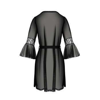 Пеньюар Passion LEAFA PEIGNOIR black, L/XL, довжина трохи вище коліна, широкі рукави, зав'язується на пояс