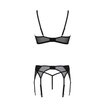 Комплект Passion LEAFA SET black, L/XL, кружево+сетка, бюстгальтер на косточках, стринги, пояс для чулок